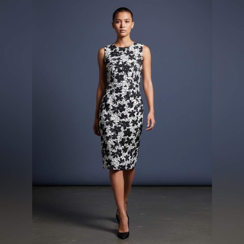 Sleeveless Calvin Klein Black and White Floral Dress. Sexy fitted silhouette.